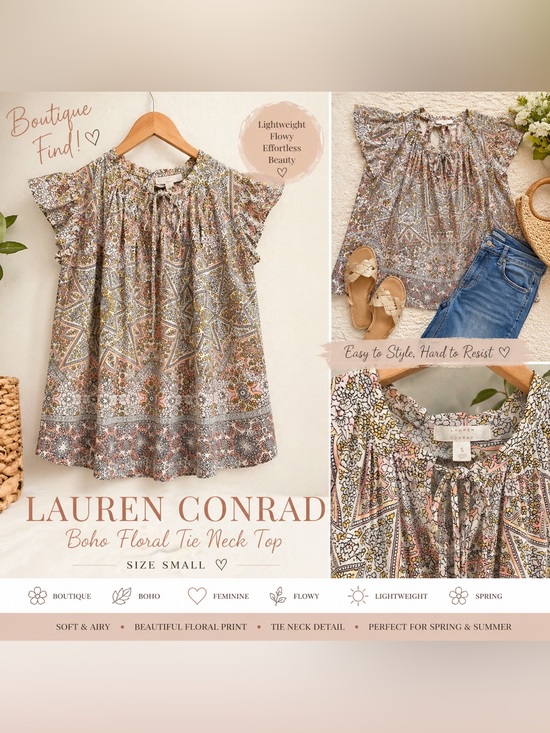 LC Lauren Conrad Tops - LC Lauren Conrad Boho Floral Tie Neck Top - Soft Multicolor